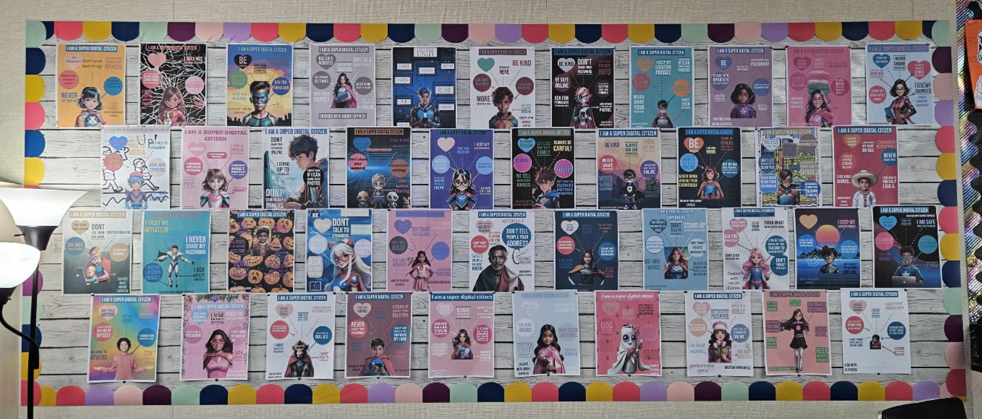 Bulletin board of digital citizenship superhero posters, designed by Ms. Halbig's 6th & 7th grade Cesar Chavez Middle School students