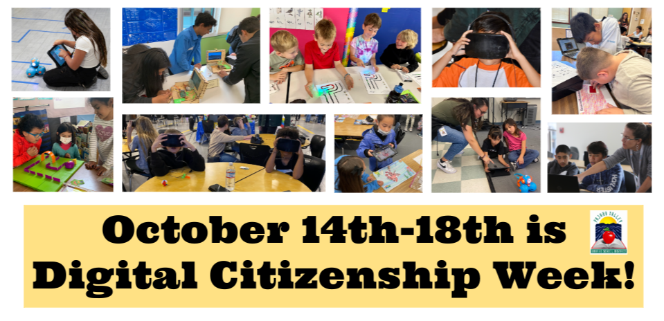 Decorative images of students engaging in technology tasks in honor of Digital Citizenship Week 2024