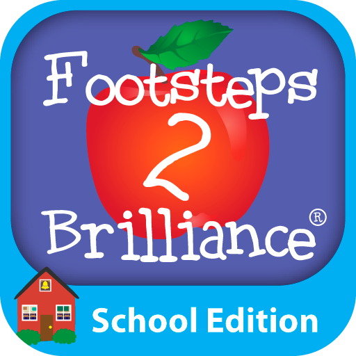 Red apple with footsteps 2 brilliance text and school house below