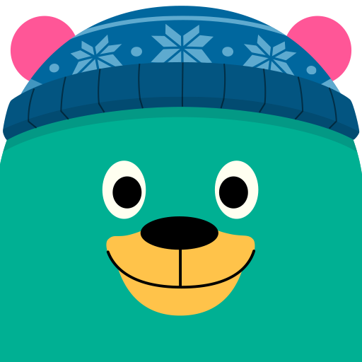 teal bear face wearing a winter blue snowflake beanie 